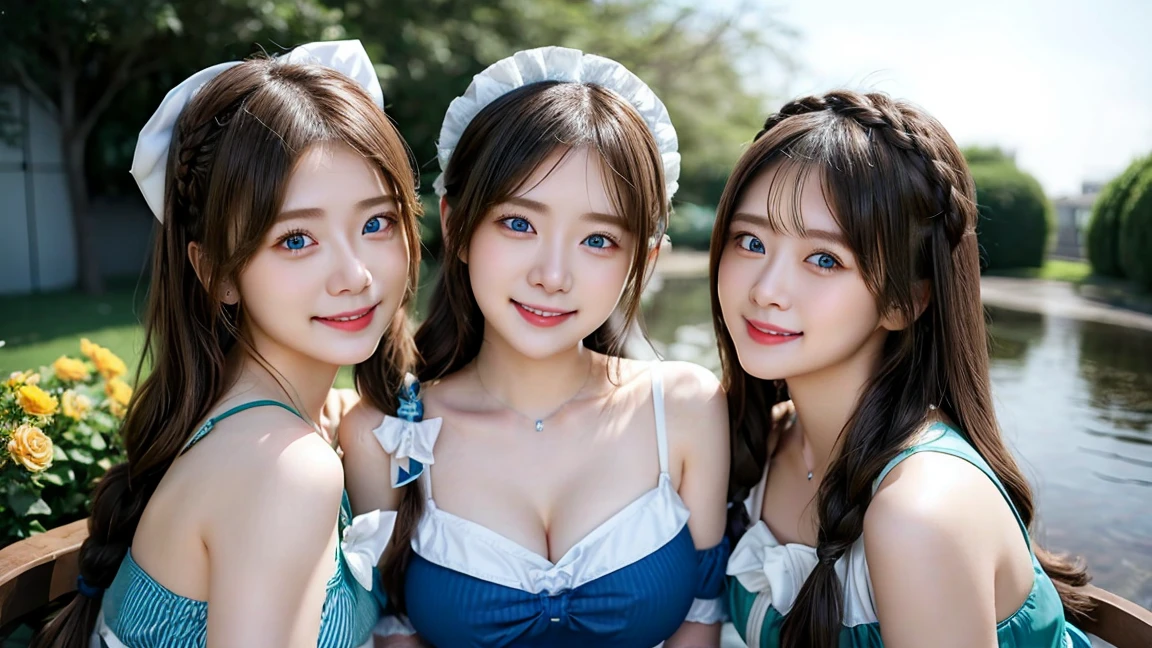 ( 3 girls),smile、Look into the camera、Diamond necklace、braided hair (Maid café outfit with open chest:1.1)、The material is smooth and flexible.、exposed upper arms、Blue-green striped knee-length socks Extra long twin tail hair、close range shooting、Flower Hair Ornaments、Blindfold、Garter、 Masterpiece, Highest quality, 8ก, beautiful girl, young face、 photography, Cute face, thigh,in the stream,、รอยsmile、small waist, blue eyes(((The chest is erect.)))(((round chest)))(((big breasts)))