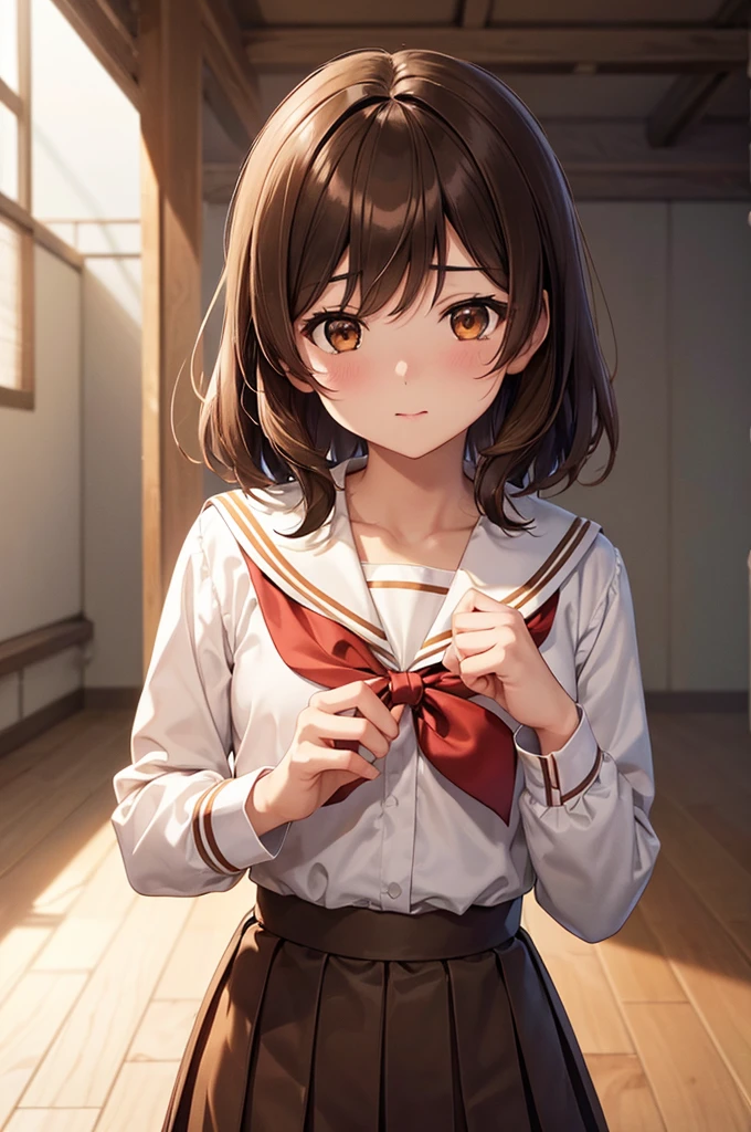 In the middle of nowhere, kumiko oumae, (Brown eyes:1.5), Brown Hair, short hair, Wavy Hair, (Flat Chest:1.2),
壊す brown shirt, brown skirt, kitauji high , Long sleeve, neckerchief, pleated skirt, red neckerchief, Sailor collar, , Seraphim, shirt, skirt, uniform, white Sailor collar,
Highest quality, High resolution, unity 8k wallpaper, (figure:0.8), (Beautiful attention to detail:1.6), Highly detailed face, Perfect lighting, Highly detailed CG, (Perfect hands, Perfect Anatomy),((nsfw))