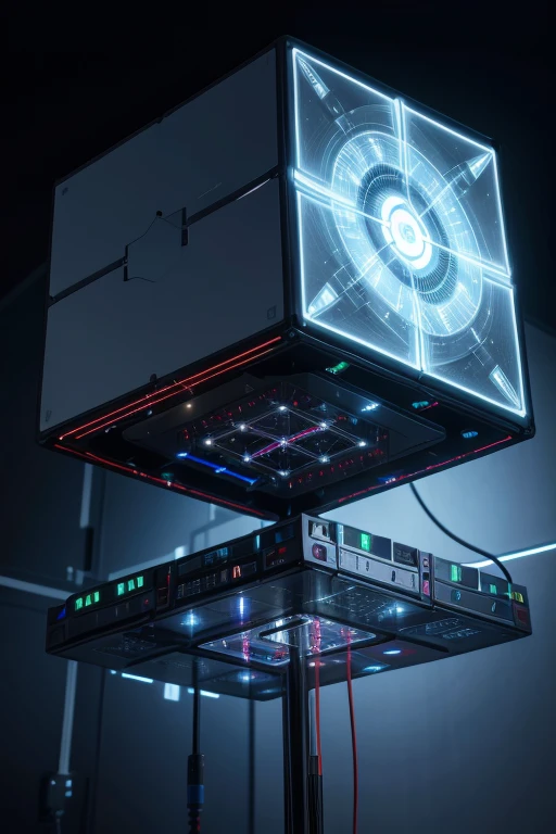 Artificial Intelligence Cube, floating above a power source with an inclination of 23 degrees, quantum computer with information circuits. Projects binary codes towards its upper angle. technology, futuristic, eat.