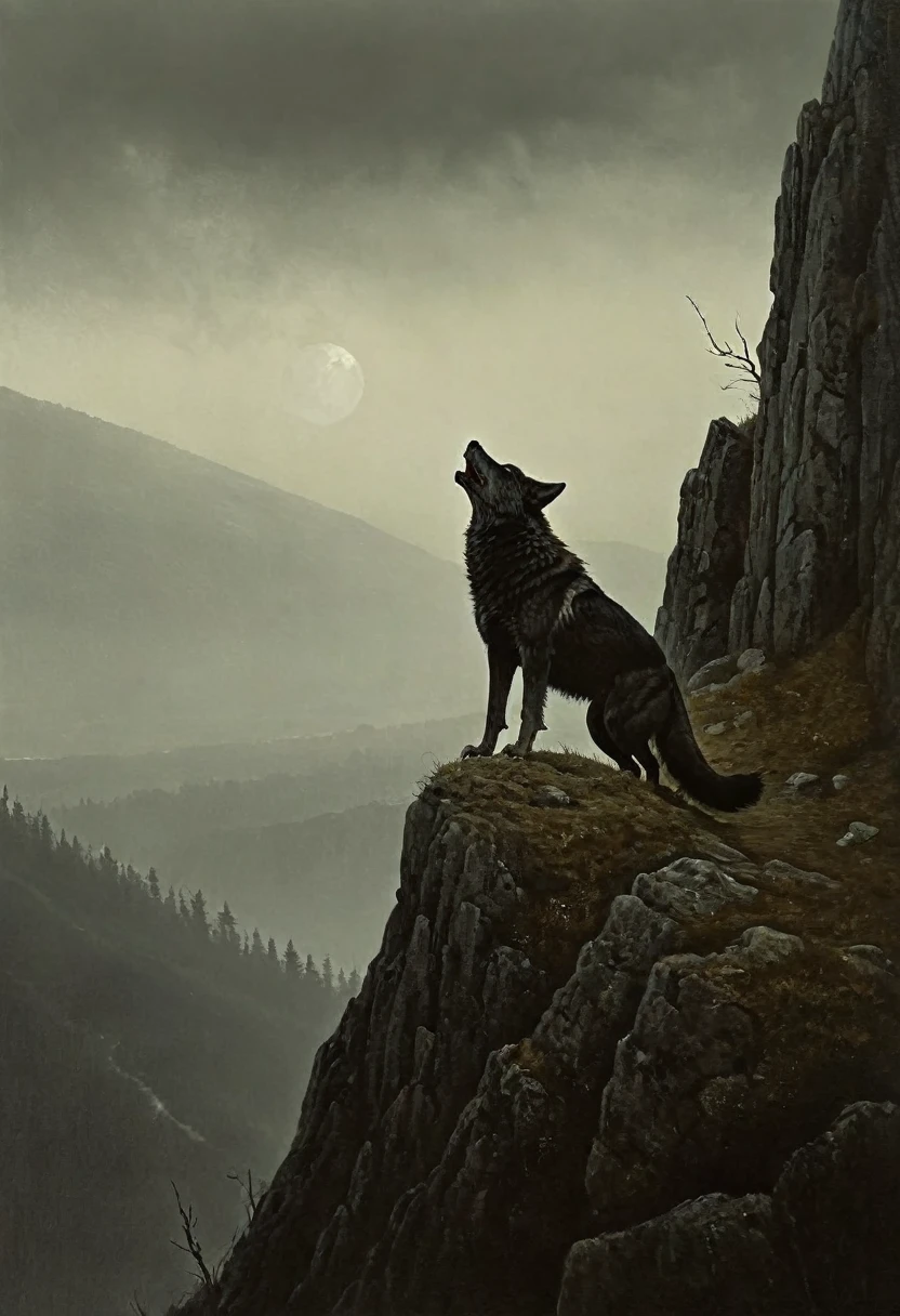 The vrlk and the she-wolf, driven to the top of the mountain, make their last howl before jumping into the abyss. Ideal body anatomy. Beautiful face and look. The disturbing and grotesque world of Stephen Gummel. Style by Andrew Wyeth “Scary Stories Told in the Dark.