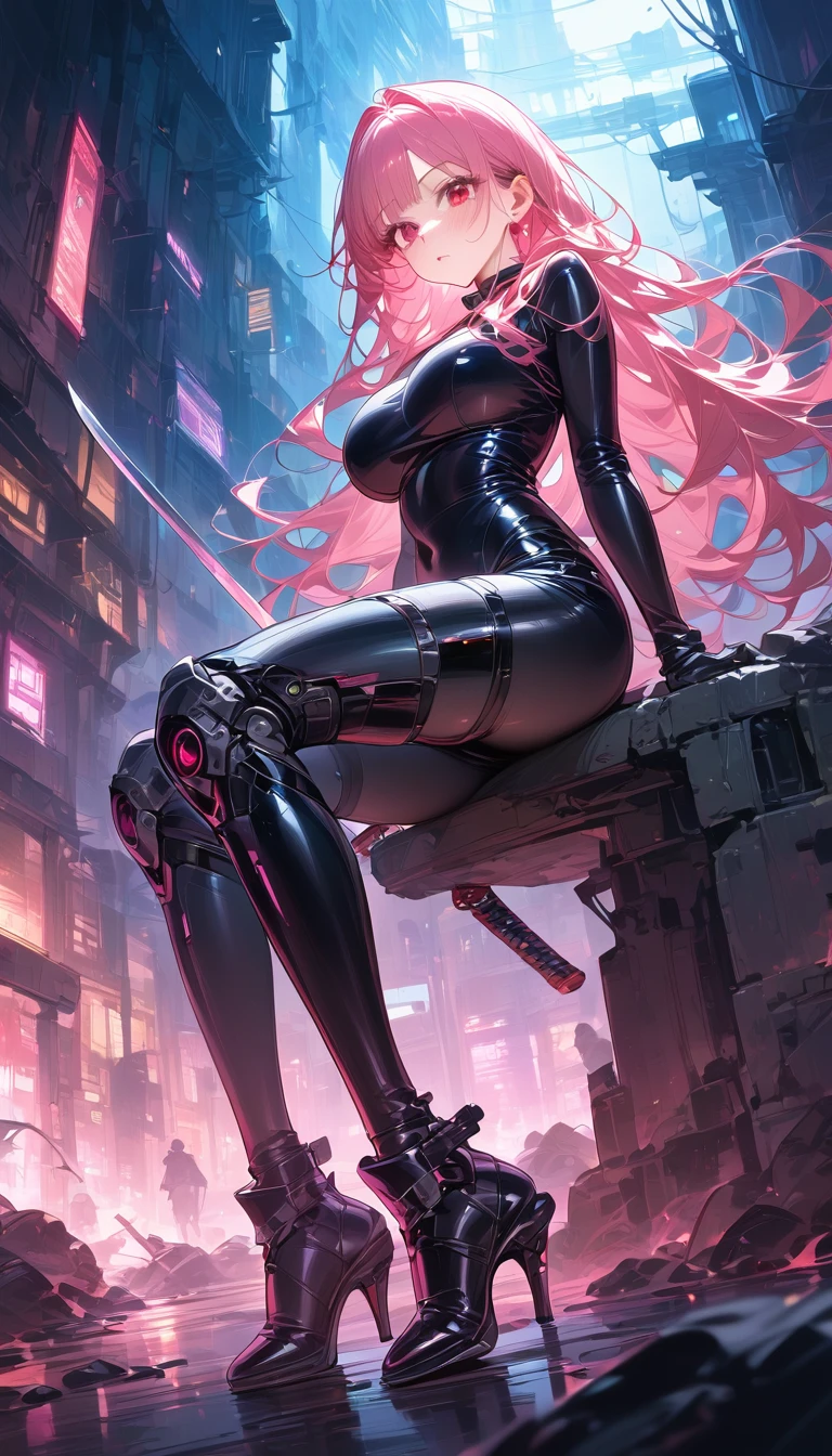 1girl, original, monochrome, dungeon, ruins, a cute girl, solo, latex bodysuit, beautiful pink hair, beautiful red eyes, long hair, messy hair, (wearing overshorts), luminous effect, high heels, (cyberpunk, Sword-shaped mechanical legs, blade runner:1.4), large breast, (masterpiece:1.2), (best quality:1.2), (very aesthetic:1.2), (absurdres:1.2), (detailed background:1.1), newest, ai-generated, intricate details, score_9, score_8_up, score_7_up, ultra-detailed, Best-A, Medium-B, Low-C, Bad-D, rating_safe, enhancer