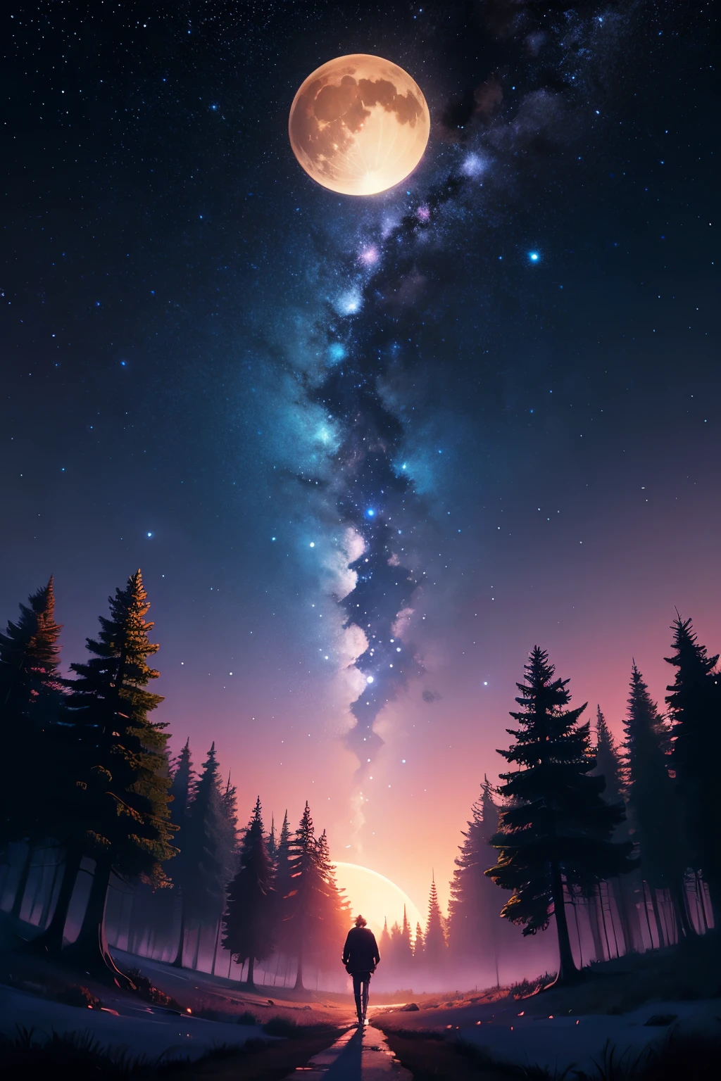 an anime character standing in a forest looking at a sky full of stars, makoto shinkai cyril rolando, 4k anime art wallpaper, 4K anime art wallpaper, 8K anime art wallpaper, cosmic skies. por Makoto Shinkai, inspirado em Cirilo Rolando, in the style dan mumford artwork, amazing wallpaper, by Yuumei, big moon in the center, shining moon