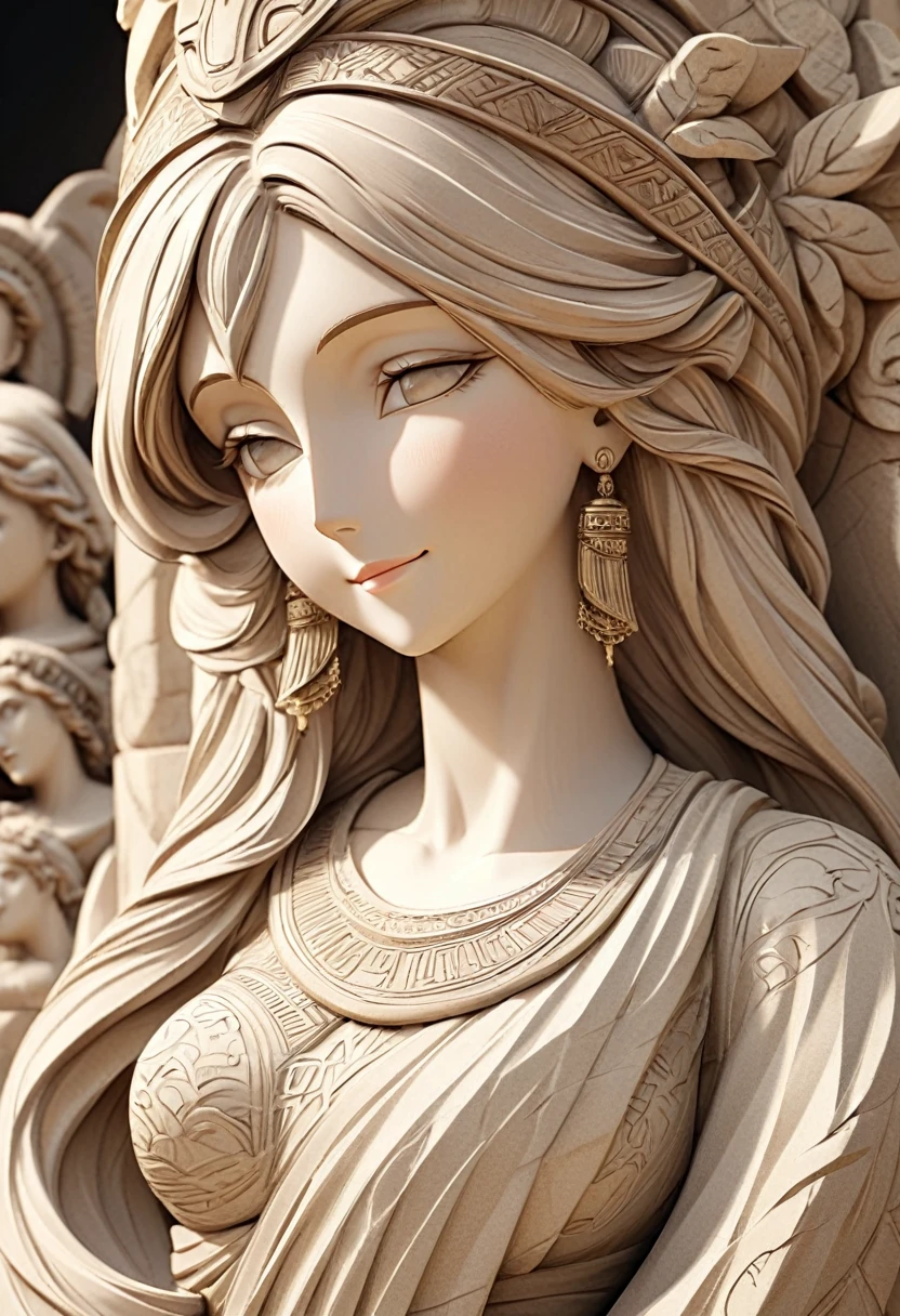  ( perfect anatomy ) Close-up bust of long-haired woman statue ancient greece elegant smile gorgeous very beautiful greek goddess statue movie atmosphere lighting retro style greek stone statue extremely rich details greek goddess statue, Painted in beige，The color of the statue is beige monochrome with intricate and detailed patterns and textures. Highly detailed structure digital art., high detail, High quality animation style