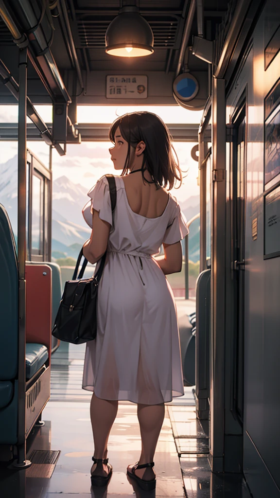 A couple is traveling in a train. The girl is wearing a short dress. Her hips are big. There is a big mountain far away. It is evening.