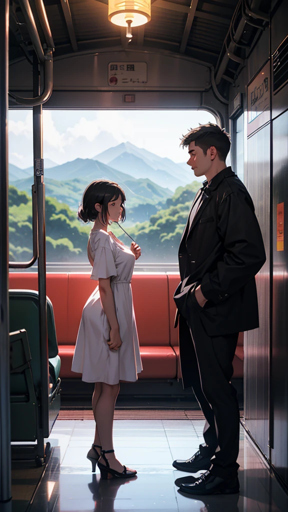A couple is traveling in a train. The girl is wearing a short dress. Her hips are big. There is a big mountain far away. It is evening.