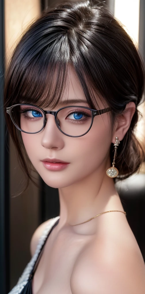 1:best quality,ultra-detailed,(realistic:1.6),(photorealistic:1.6),masterpiece,finely detail,highres,8k wallpaper,extremely detailed,sharp focus,highly detailed skin,extremely delicate,a portrait, RAW,(8k),ultra detailed,studio soft light,rim light,vibrant details,(realistic skin texture:1.2),(ultra detailed skin:1.3), facelight, dynamic lighting, cinematic lighting, professional shadow, dark shadow, highest detailed,  (8k, photorealistic, RAW photo, best quality: 1.4), (1girl), beautiful face, (realistic face), (black hair, short hair:1.3), beautiful hairstyle, realistic eyes, beautiful detailed eyes, (realistic skin), beautiful skin, masterpiece, detailed face, detailed eyes, beautiful, highest quality, (((ルーシー・ピンダーに似たソロmature woman))), azure blue sky eyes, (((wearing delicate big hoop round earring))), (wearing Collar pet necklace), eyelash, ( wearing a thin glasses), lip whole, blushing lewd face, [Janet], [Alice], "Beautiful adult face" , 30 years old , mature woman , adult,(office suit), absurdres, attractive, ultra high res, ultra realistic, highly detailed, golden ratio, centerpoint, look at view, close up, highly detailed dark, glow in the dark, 