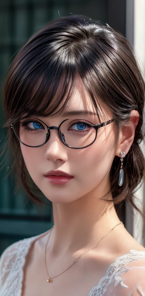 1:best quality,ultra-detailed,(realistic:1.6),(photorealistic:1.6),masterpiece,finely detail,highres,8k wallpaper,extremely detailed,sharp focus,highly detailed skin,extremely delicate,a portrait, RAW,(8k),ultra detailed,studio soft light,rim light,vibrant details,(realistic skin texture:1.2),(ultra detailed skin:1.3), facelight, dynamic lighting, cinematic lighting, professional shadow, dark shadow, highest detailed,  (8k, photorealistic, RAW photo, best quality: 1.4), (1girl), beautiful face, (realistic face), (black hair, short hair:1.3), beautiful hairstyle, realistic eyes, beautiful detailed eyes, (realistic skin), beautiful skin, masterpiece, detailed face, detailed eyes, beautiful, highest quality, (((ルーシー・ピンダーに似たソロmature woman))), azure blue sky eyes, (((wearing delicate big hoop round earring))), (wearing Collar pet necklace), eyelash, ( wearing a thin glasses), lip whole, blushing lewd face, [Janet], [Alice], "Beautiful adult face" , 30 years old , mature woman , adult,(office suit), absurdres, attractive, ultra high res, ultra realistic, highly detailed, golden ratio, centerpoint, look at view, close up, highly detailed dark, glow in the dark, 
