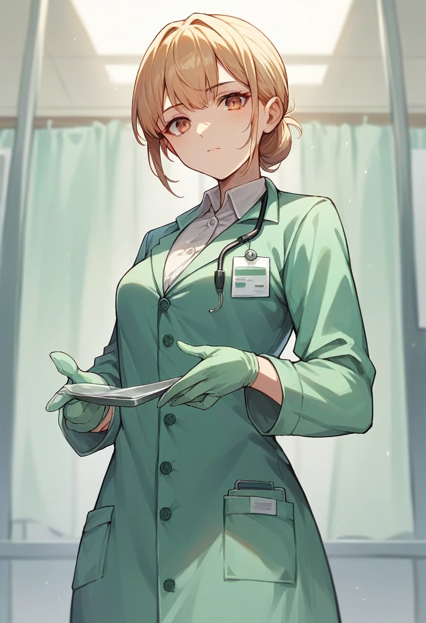 1girl, bangs, ((green surgical gloves)), ((((long sleeves)))), looking at viewer, ((green doctor outfit)), standing, solo
