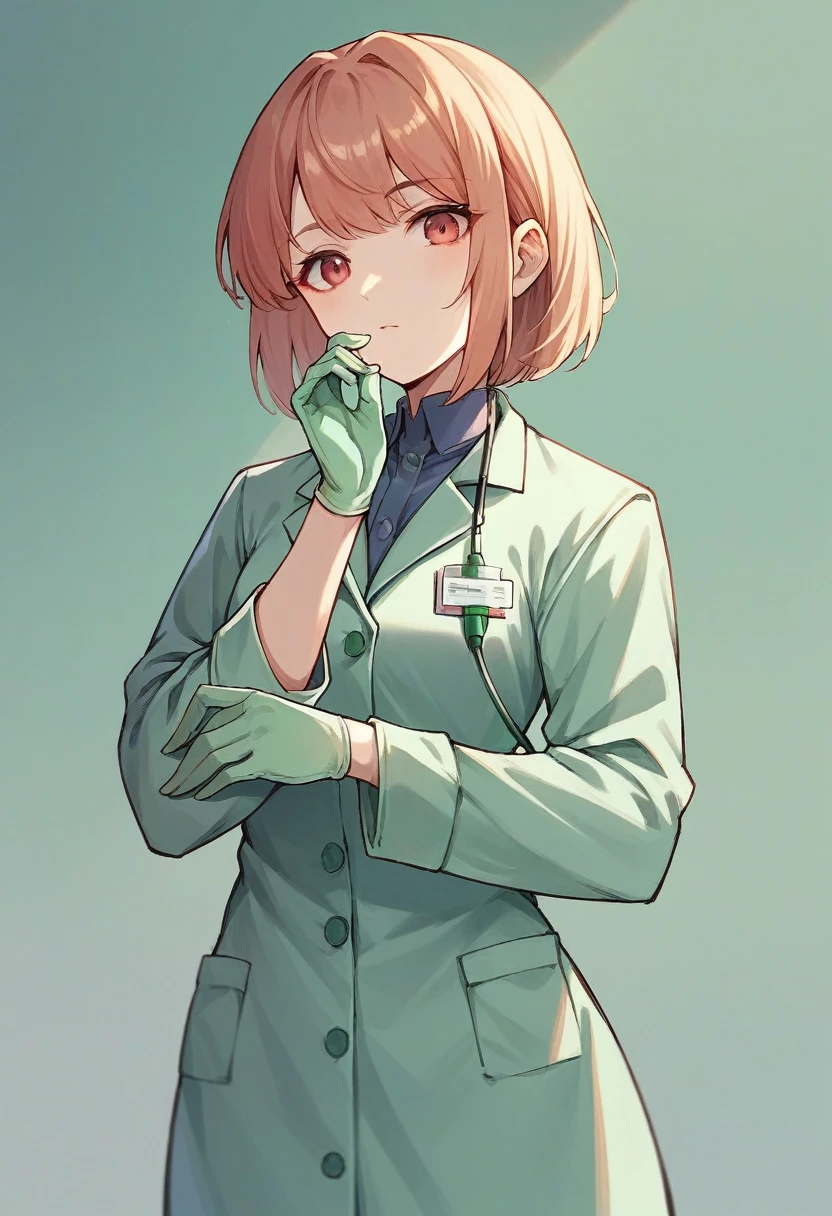 1girl, bangs, ((green surgical gloves)), ((((long sleeves)))), looking at viewer, ((green doctor outfit)), standing, solo
