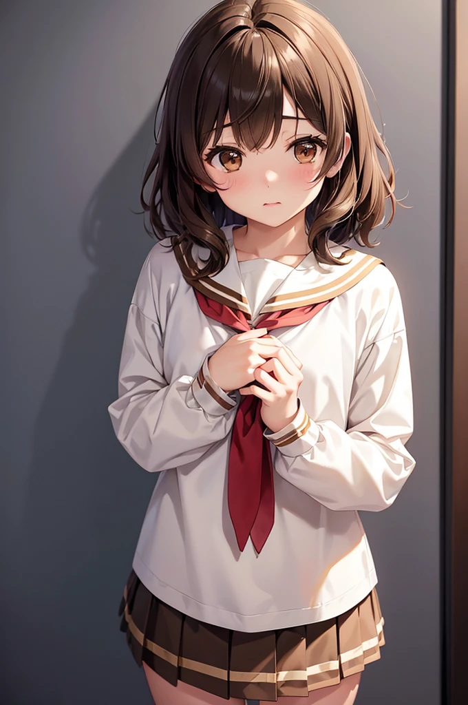 In the middle of nowhere, kumiko oumae, (Brown eyes:1.5), Brown Hair, short hair, Wavy Hair, (Flat Chest:1.2),, Long sleeve, neckerchief, shirt, skirt, uniform, white sailor color,
Highest quality, High resolution, unity 8k wallpaper, (figure:0.8), (Beautiful attention to detail:1.6), Highly detailed face, Perfect lighting, Highly detailed CG, (Perfect hands, Perfect Anatomy),((nsfw))
