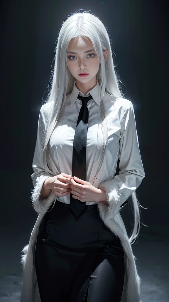 a beautiful woman with long white hair, ringed eyes, wearing a collared shirt, black necktie, black pencil skirt, and a fur coat, 1girl,photorealistic, high resolution, masterpiece, ultra-detailed, realistic, photo-realistic, HDR, UHD, studio lighting, extreme detail, professional, vivid colors, porcelain skin, delicate features, striking pose, cinematic lighting, dramatic atmosphere, dynamic composition, intricate details, flawless skin, elegant fashion, high-fashion, chiaroscuro, dramatic shadows, moody lighting