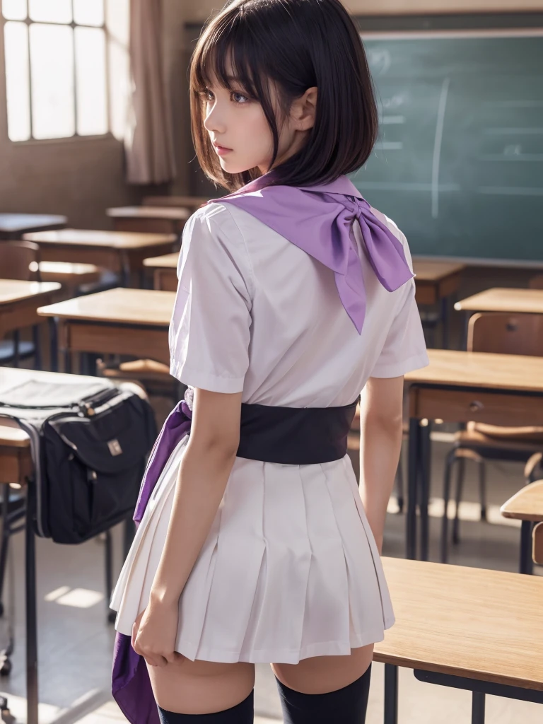 From the back、8K、Highest quality、(masterpiece:1.2)、Real、Super fine、Ultra-high resolution、1 person、Beautiful face、perfect body、((Black Bob))、Waistline、(Waist Slim:1.3)、Beautiful Skin、Skin Texture、Floating hair、(((highschool Uniform)))、classroom、Blushing、((full body shot))、high school girl、White tank top、Panty shot、White panties,Detailed depiction of the thin cotton texture and wrinkles of the panties、Detailed and beautiful hair texture、Detailed depiction of large pink areola、Standing in the classroom,yoshizuki_iori
School_uniform_Purple_shirt_Blue_skirt_White_neckerchief_Black_thighhighs、