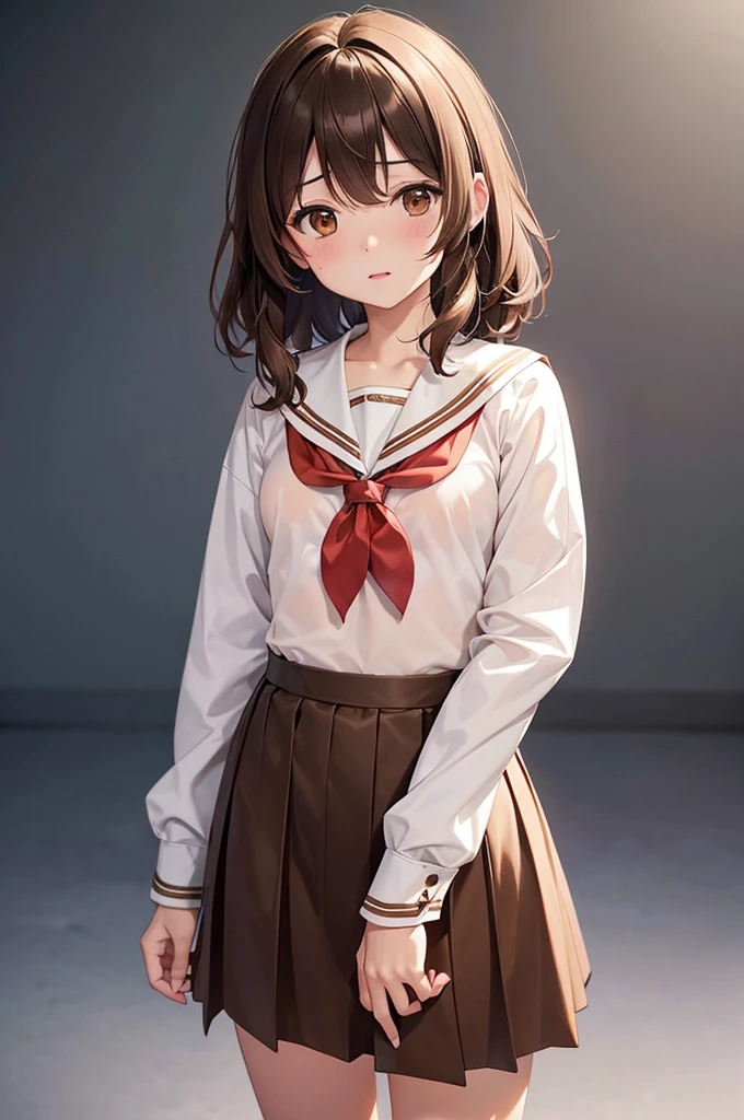 In the middle of nowhere, kumiko oumae, (Brown eyes:1.5), Brown Hair, short hair, Wavy Hair, (Flat Chest:1.2),, Long sleeve, neckerchief, shirt, skirt, uniform, white sailor color,
Highest quality, High resolution, unity 8k wallpaper, (figure:0.8), (Beautiful attention to detail:1.6), Highly detailed face, Perfect lighting, Highly detailed CG, (Perfect hands, Perfect Anatomy),((nsfw))