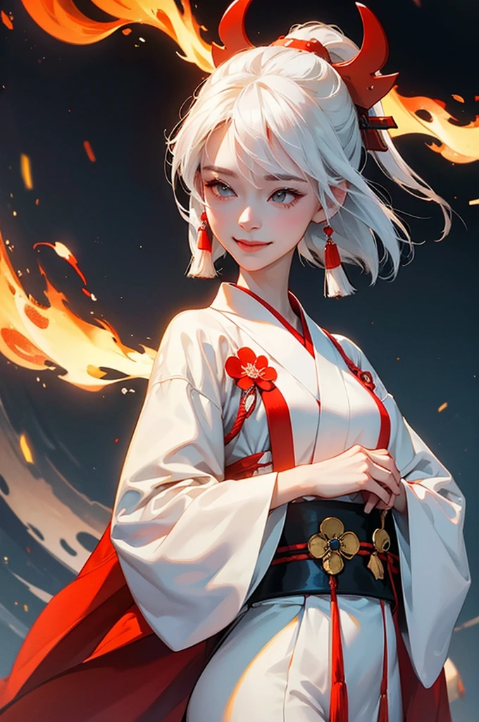 A beautiful woman in a white kimono, smiling fearlessly, as a Japanese onmyoji holds a talisman and manipulates fire