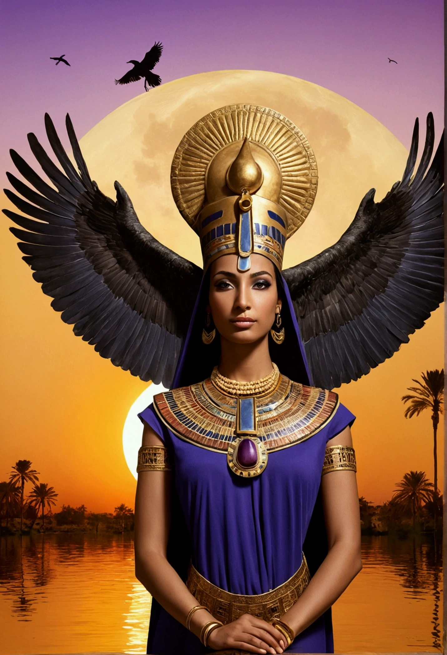 Imagine a large-scale painting, with vibrant, rich colors, depicting the goddess Isis in all her majesty and glory. Isis is at the center of the composition, an imposing and serene figure, radiating power and benevolence. She is depicted in traditional Egyptian attire., adorned with elaborate jewelry of gold and precious stones, that twinkle in the soft light. Your dress is deep blue, symbolizing purity and wisdom, while your golden cloak floats lightly, suggesting movement and divine energy.

Isis wears a crown composed of a stylized throne, representing your name, and a solar disk between two cow horns, symbolizing your connection to heaven and celestial power. Your eyes are big and expressive, showing both compassion and inner strength. Around her, an aura of golden light emanates, suggesting his divinity and protection.

in background whith, there is a scenery of the Nile at dusk, with palm trees and ancient temples, creating a mystical and sacred environment. Sacred birds, like the ibis and the falcon, fly around, representing your connection to nature and the gods. The sky is dyed orange and purple, reflecting the tranquility and reverence of the moment.