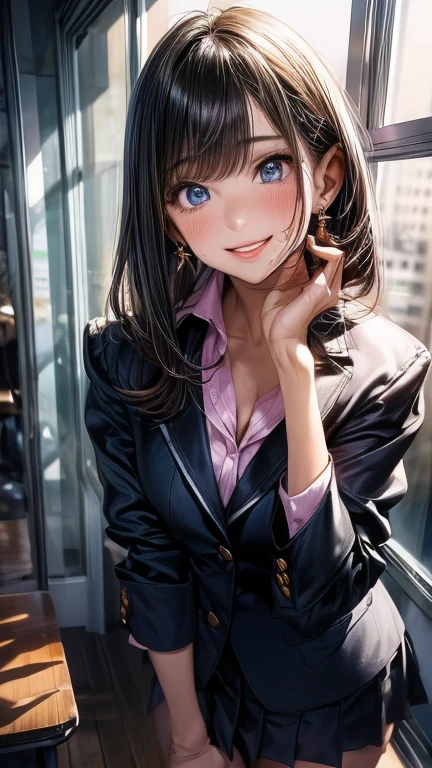 (masterpiece: 1.3), (max resolution: 1.2), (Ultra HDTV: 1.2), cinema lite, Ultra HDTV, (Detailed eyes and skin), (detailed facial features), 8K resolution, Sharp Focus: 1.2, Perfect Style, Beautiful Face, accurate, Anatomically correct, Highly detailed face and skin texture, Detailed eyes, Dark-blue eyes, Double eyelids, Thin eyebrows, dropping eyes, (Glitter Eyeliner:1.2), Natural cheeks, Glossy skin, (Fair skin:1.2), shiny necklace and earrings, (Glossy lips: 1.4), break, One-person viewpoint, (she is high school Student), (Wearing a Button up shirt, blazer, smile:1.2), ((Innocent and very cute girl:1.3)), (Layered hairstyle, Straight Hair), (Dark brown hair:1), Medium Long Hair, (Full body shot: 1.2), Focus on Face, medium large breasts, ((sexy pose on Instagram:1.3)), ((In the School Rooftop at Morning)),