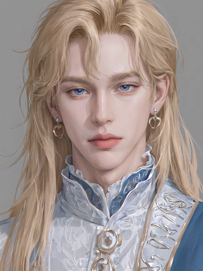 Solo, portrait, earrings, solo,lips, Man. 25 years. Prince. Very Tall, muscular. 188cm (height). Golden blonde hair and blue eye color. Bright skin. High quality, Detailed, High resolution, Masterpiece, Very high quality.
