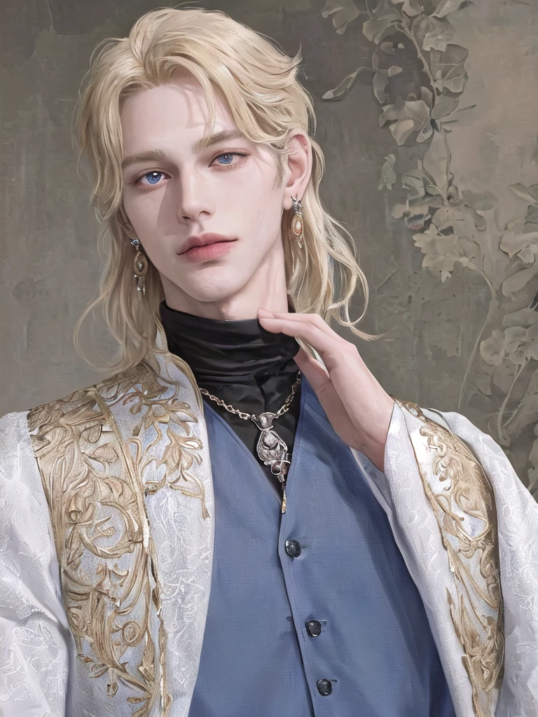 Solo, portrait, earrings, solo,lips, Man. 25 years. Prince. Very Tall, muscular. 188cm (height). Golden blonde hair and blue eye color. Bright skin. High quality, Detailed, High resolution, Masterpiece, Very high quality.