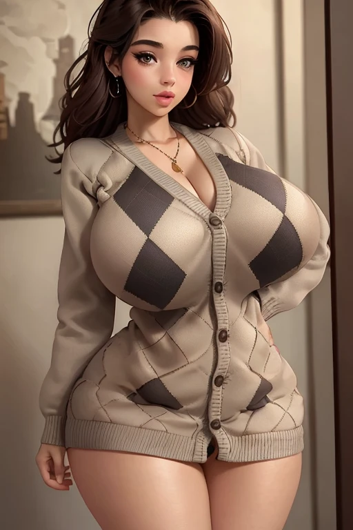 (best quality), (masterpiece), 1 girl, early 20's, huge heavy breasts, busty, massive breasts, thick, thick lips, wide hips, thin waist, argyle cardigan, 