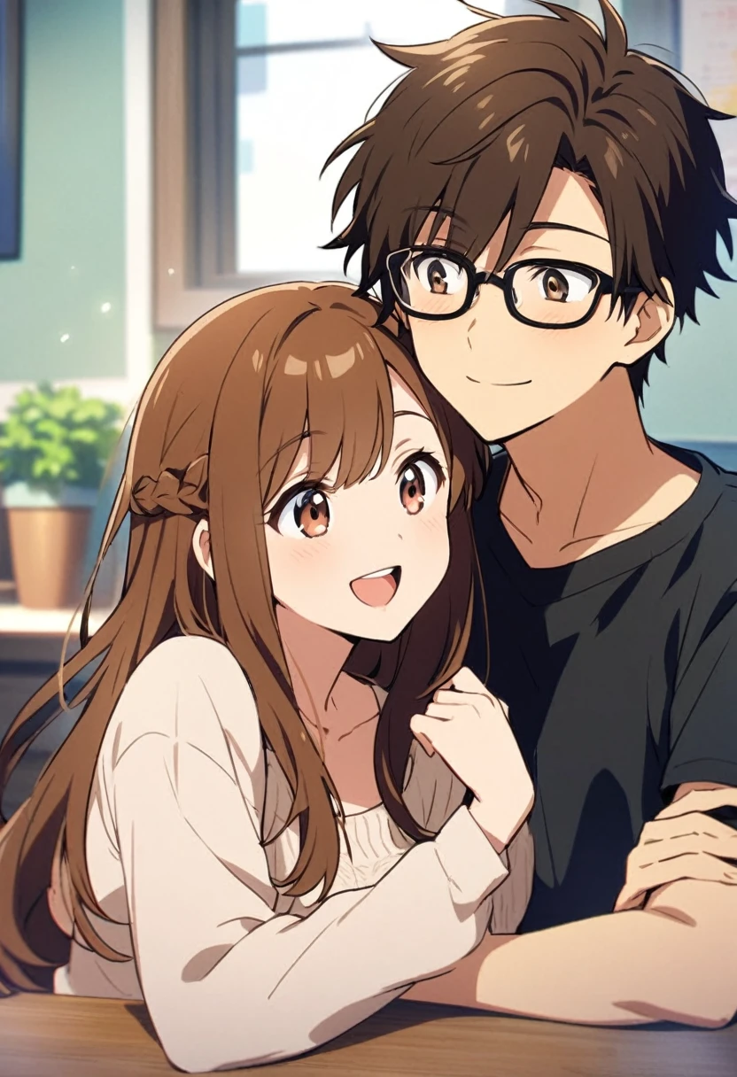 anime, two people, one beautiful female with long brown hair and no glasses, the other person is a male with short dark brown hair and black rimmed glasses, they are boyfriend and girlfriend, both smiling 