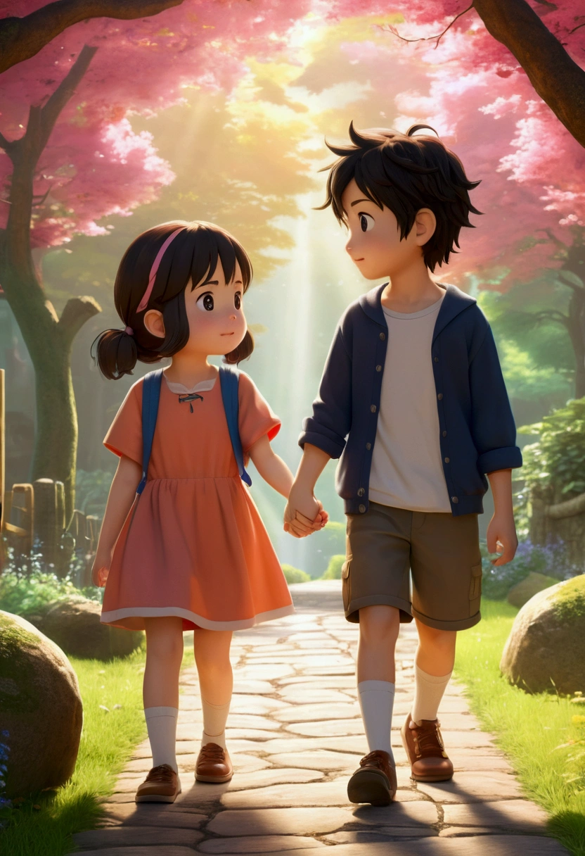 (best quality,4k,8k,highres,masterpiece:1.2),ultra-detailed,(realistic,photorealistic,photo-realistic:1.37),cute chibi couple, two young anime-style characters, boy and girl holding hands, in a vibrant, colorful, highly detailed environment, adorable expressions, playful poses, soft lighting, warm color palette, whimsical, fantasy, dreamlike, magical, studio ghibli inspired