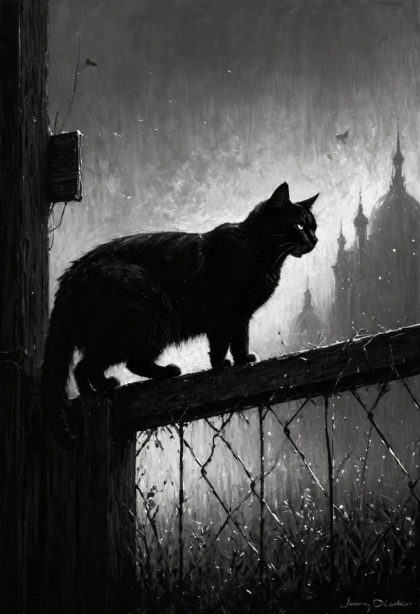 I see the cat has fallen apart on the fence. It is clear that he is uncomfortable - the fence is narrow, and his big belly hangs on one side, then on the other, of better quality. A wonderful cinematic impressionistic painting in the style of Jeremy Mann and Charles Dana Gibson, Mark Demsteder, Paul Headley.

