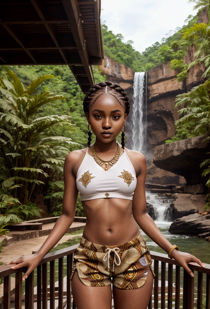 Beautiful 22 year old East African woman with frame and small perky breasts standing and posing on a bridge in Thailand with a waterfall in the background, graphic tee, shorts, African jewelry, braids, dark brown skin, full-body portrait hyperrealism