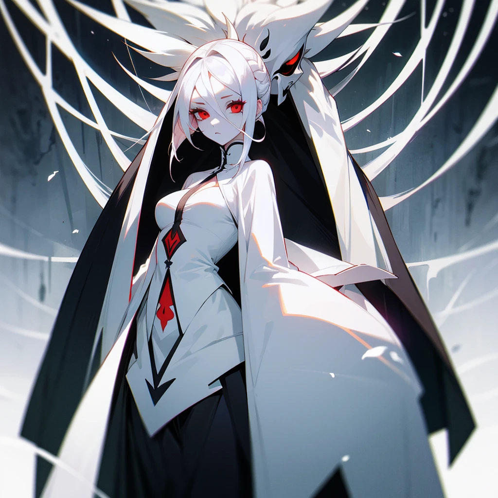 Create an Arrancar Female From Bleach with White Hair, Pale Skin, Red Eyes in Ressurection Segunda Etapa.Give her several Eyes. Also give her proper clothes. Dont forget part of the hollow mask.