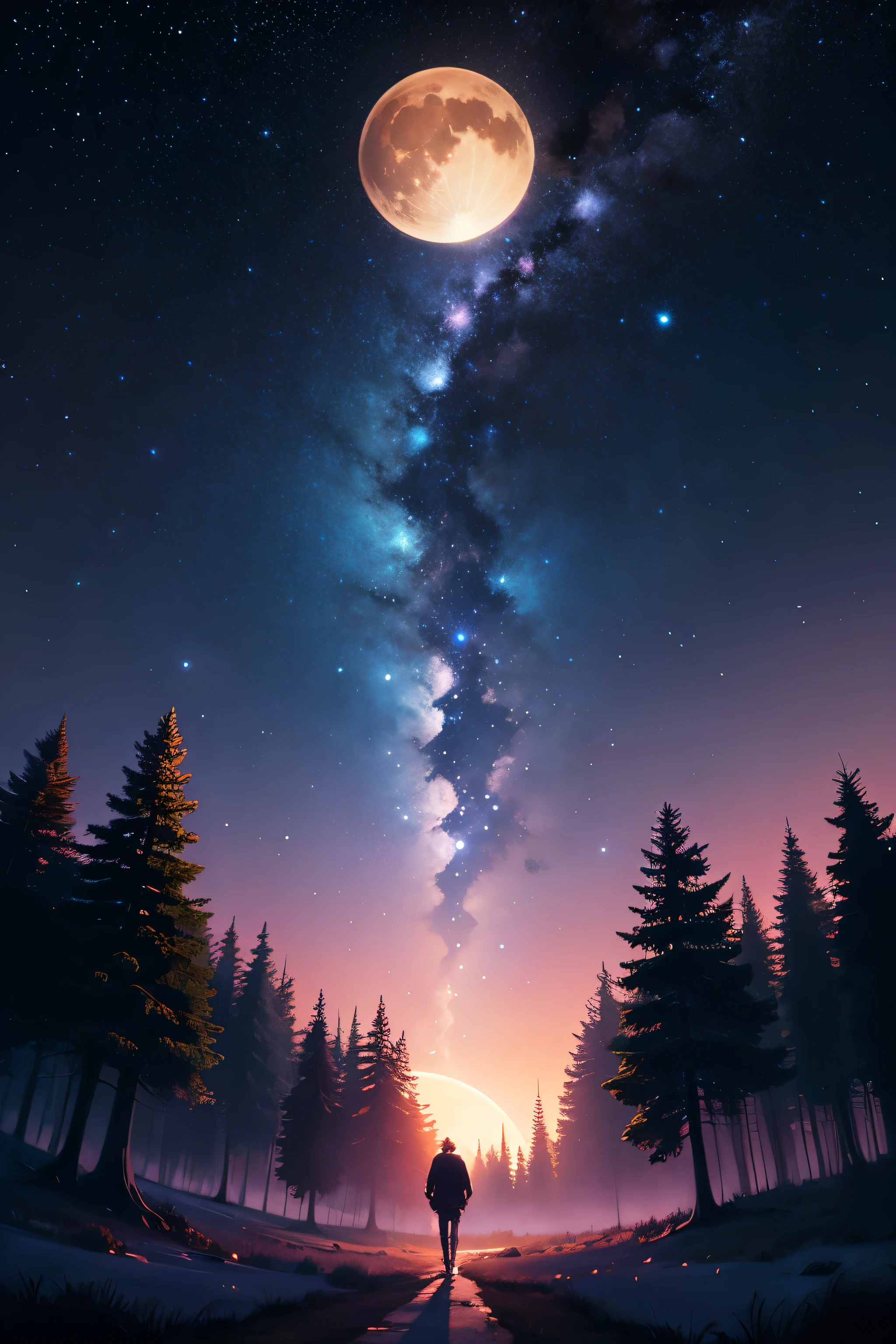 an anime character standing in a forest looking at a sky full of stars, makoto shinkai cyril rolando, 4k anime art wallpaper, 4K anime art wallpaper, 8K anime art wallpaper, cosmic skies. por Makoto Shinkai, inspirado em Cirilo Rolando, in the style dan mumford artwork, amazing wallpaper, by Yuumei, big moon in the center, shining moon