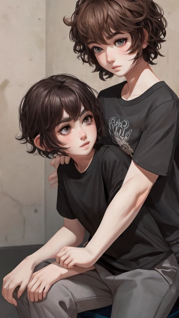 girl, wavy dark brown hair, short hair, pale skin, bruises on the body, and bags under the eyes, (dark gray T-shirt, light gray pants, white socks)