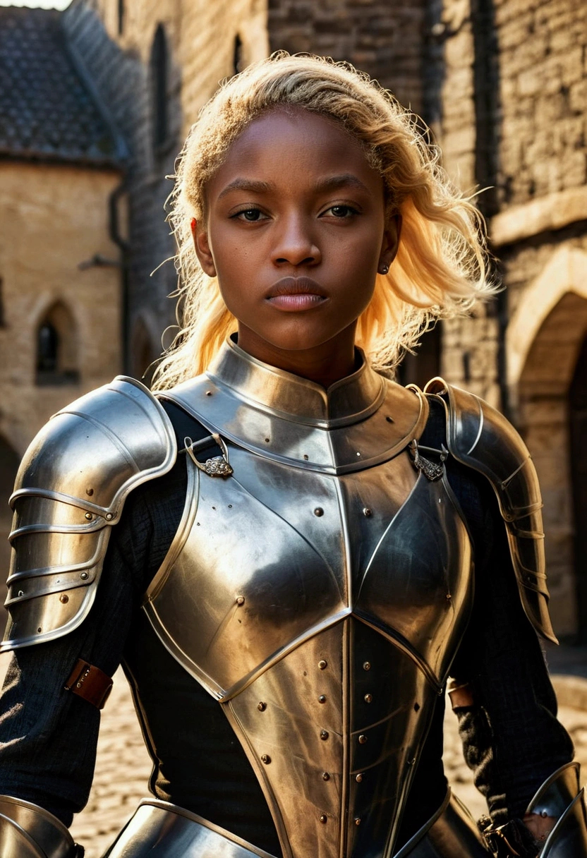 29-year-old black woman、Blonde、Warrior in armor、Exposed Armor、Medieval streetscape