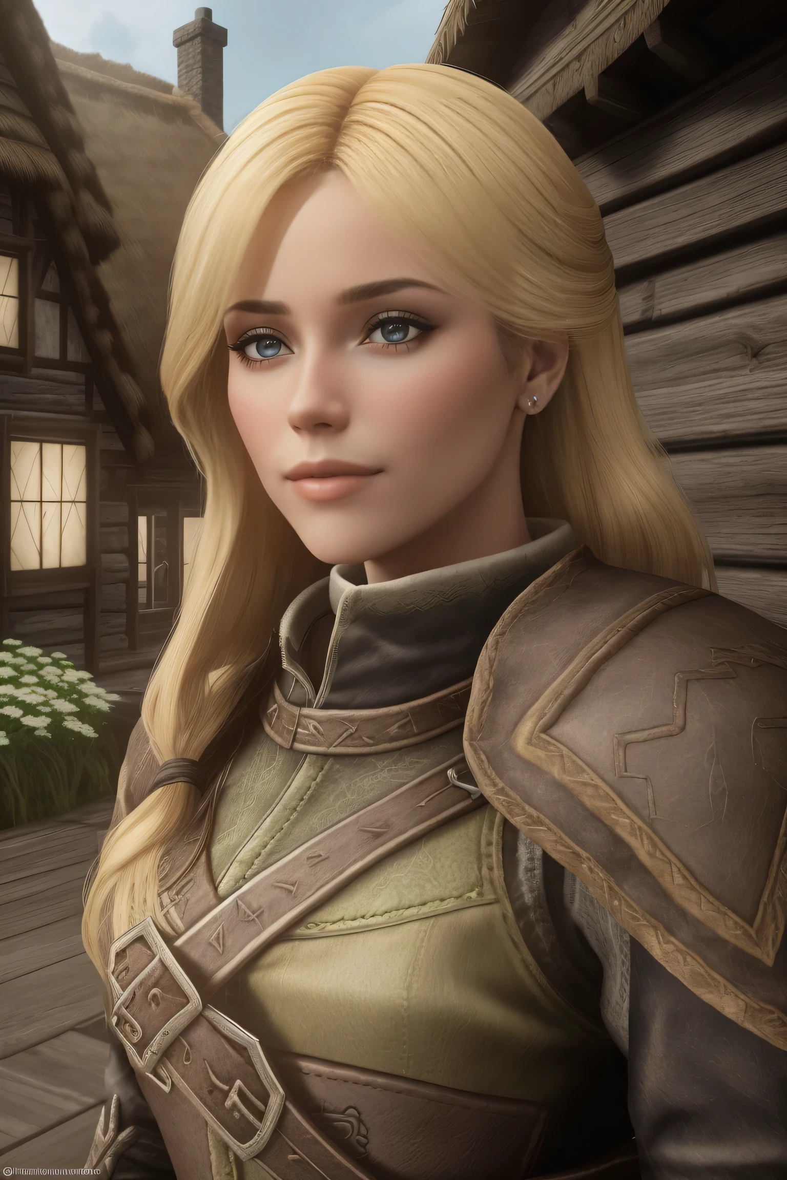 1 girl, masterpiece, 32 yo, femalebreton beauty sits outdoors in a rustic Skyrim village, surrounded by thatched roofs and lush greenery. The sun casts a warm glow on her porcelain skin as she gazes directly into the camera lens, her piercing green eyes sparkling with a hint of mischief. Her raven tresses cascade down her back like a waterfall, framing her heart-shaped face. A gentle smile plays on her lips, inviting the viewer to step into her whimsical world. blonde hair, fit body, Skyrim style, (female front view:1.3), looking at the viewer.,wearing light armor, blonde hair, femalebreton