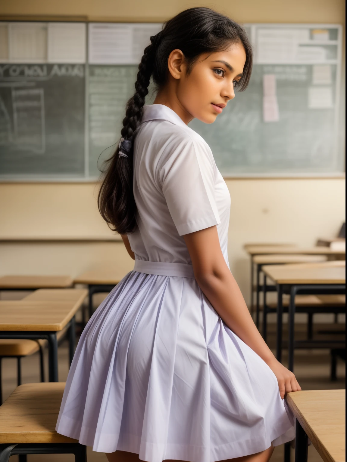 a beautiful school girl in srilanka, view from back side , putting her hands in the pockets of her school frock, sitting in a classroom, detailed school frock with pockets, cinematic lighting, photorealistic, highly detailed, 8k, hyperrealistic