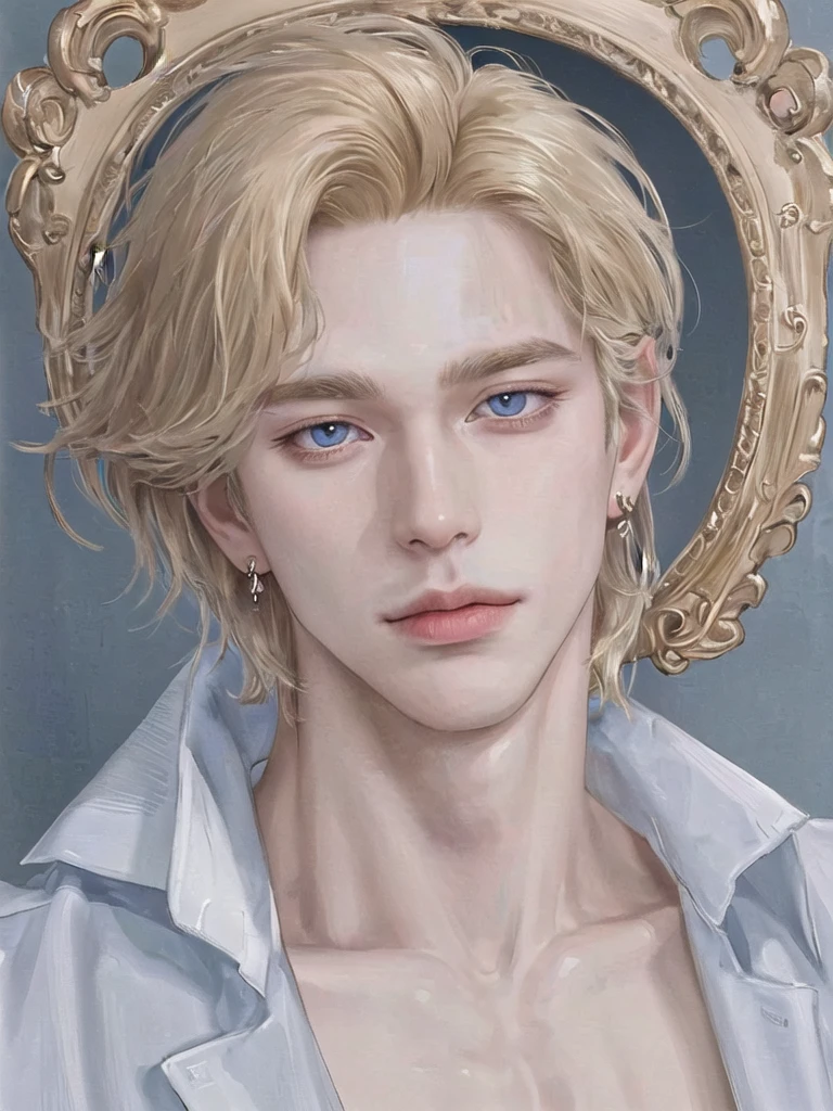 Solo, portrait, earrings, solo,lips, Man. 17 years. Prince. Very Tall, muscular. 188cm (height). Golden blonde hair and blue eye color. Bright skin. High quality, Detailed, High resolution, Masterpiece, Very high quality.
