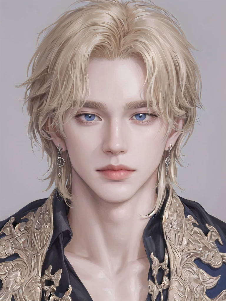 Solo, portrait, earrings, solo,lips, Man. 17 years. Prince. Very Tall, muscular. 188cm (height). Golden blonde hair and blue eye color. Bright skin. High quality, Detailed, High resolution, Masterpiece, Very high quality.
