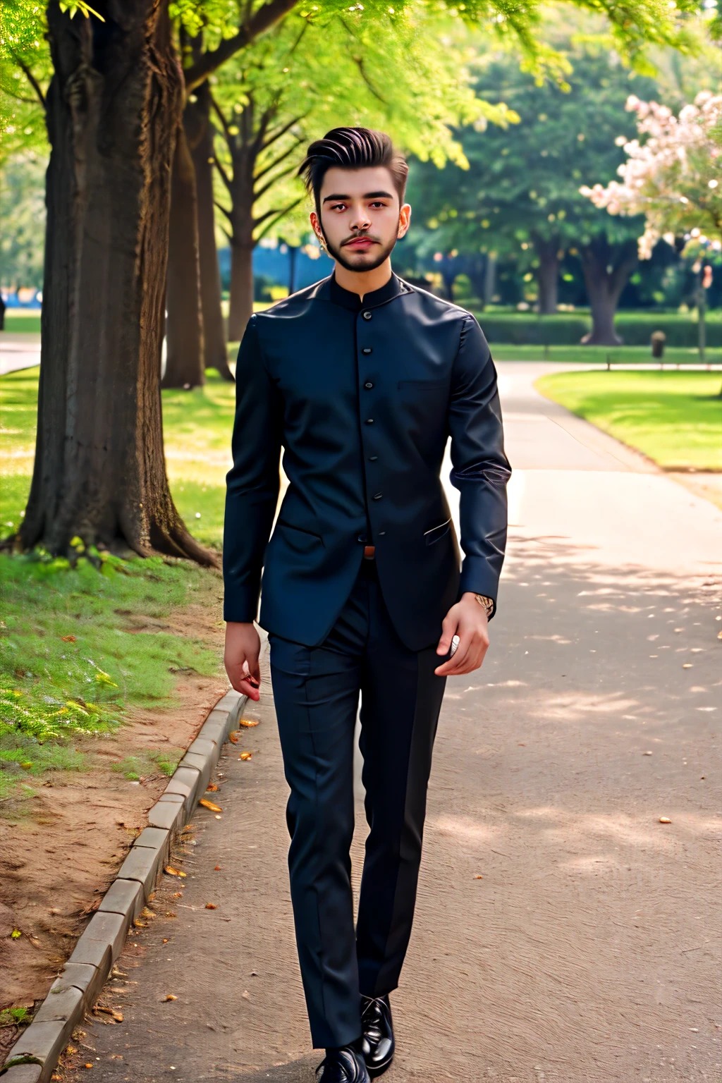((best quality)), ((masterpiece)), (detailed), cute, man, adult, Indian, modern quiff hairstyle, black formal dress, trousers, shoes, flower, park, nature, natural photo, real photography, 8k, hd