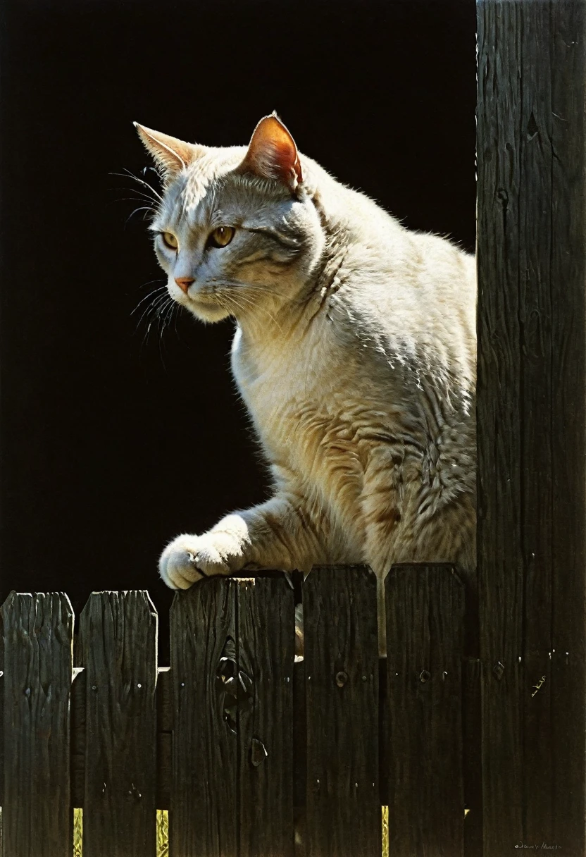 I see the cat lounging on the fence. It is clear that he is uncomfortable - the fence is narrow, and his big belly hangs on one side, then on the other, this time it is better. Ideal body anatomy. Beautiful face and look. The disturbing and grotesque world of Stephen Gummel. Andrew Wyeth's style: Scary Stories Told in the Dark.
