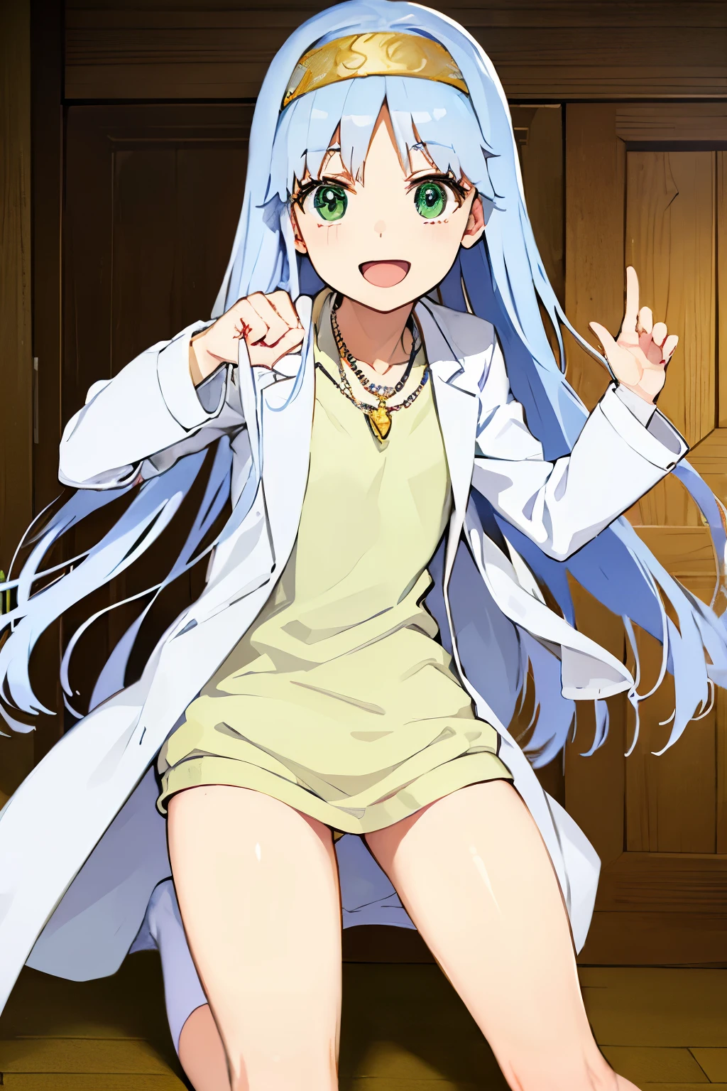 Long silver hair, green eyes, headband, necklace, lab coat, flat chest, beautiful thighs, smile, happy, inside house