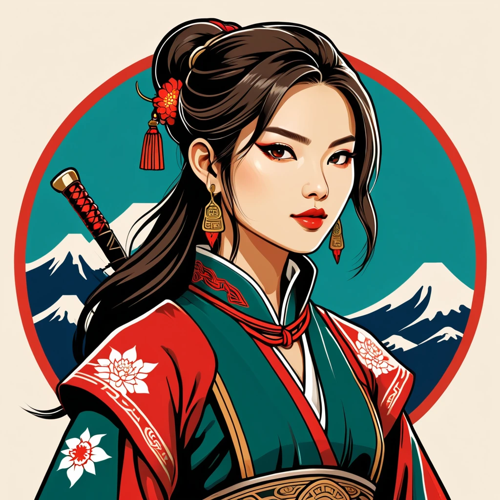 female rogue in taiwan folk outfit ,vector graphics, strong contours, logo design