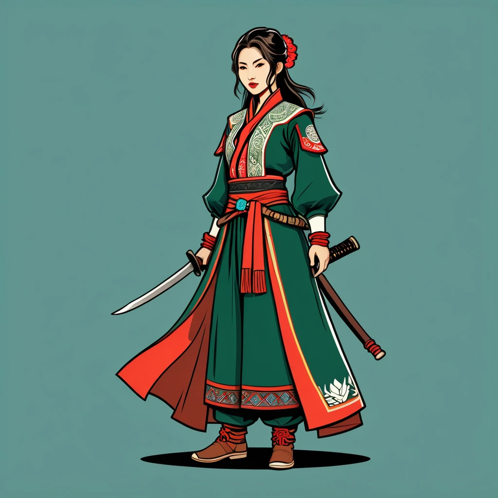 female rogue in taiwan folk outfit ,vector graphics, strong contours, logo design