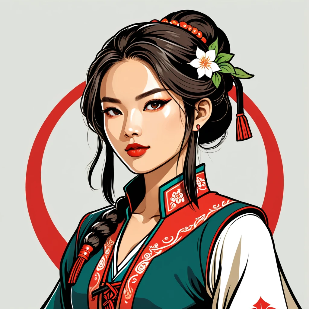 female	rogue	in taiwan folk outfit	,vector graphics, strong contours, logo design																						