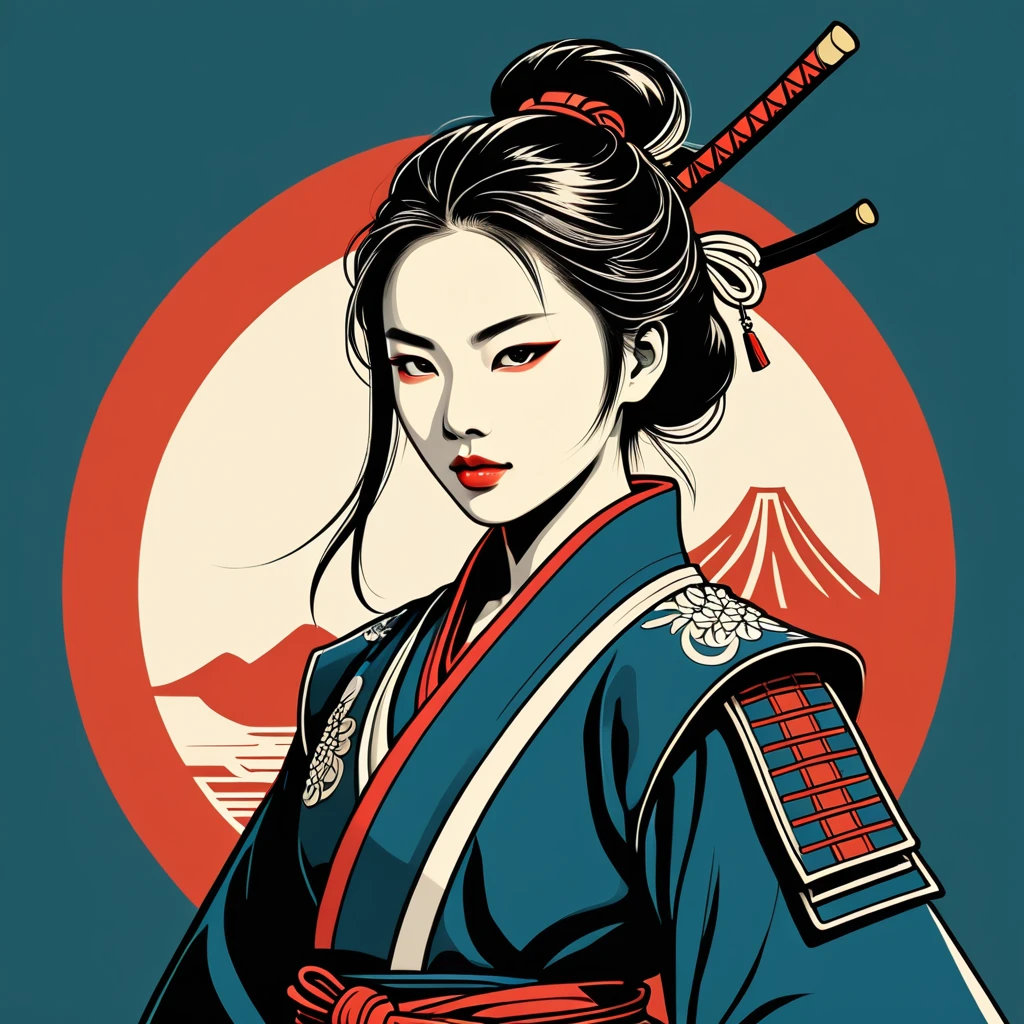 female samurai in taiwan folk outfit ,vector graphics, strong contours, logo design