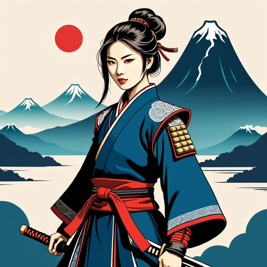 female	samurai	in taiwan folk outfit	,vector graphics, strong contours, logo design																						