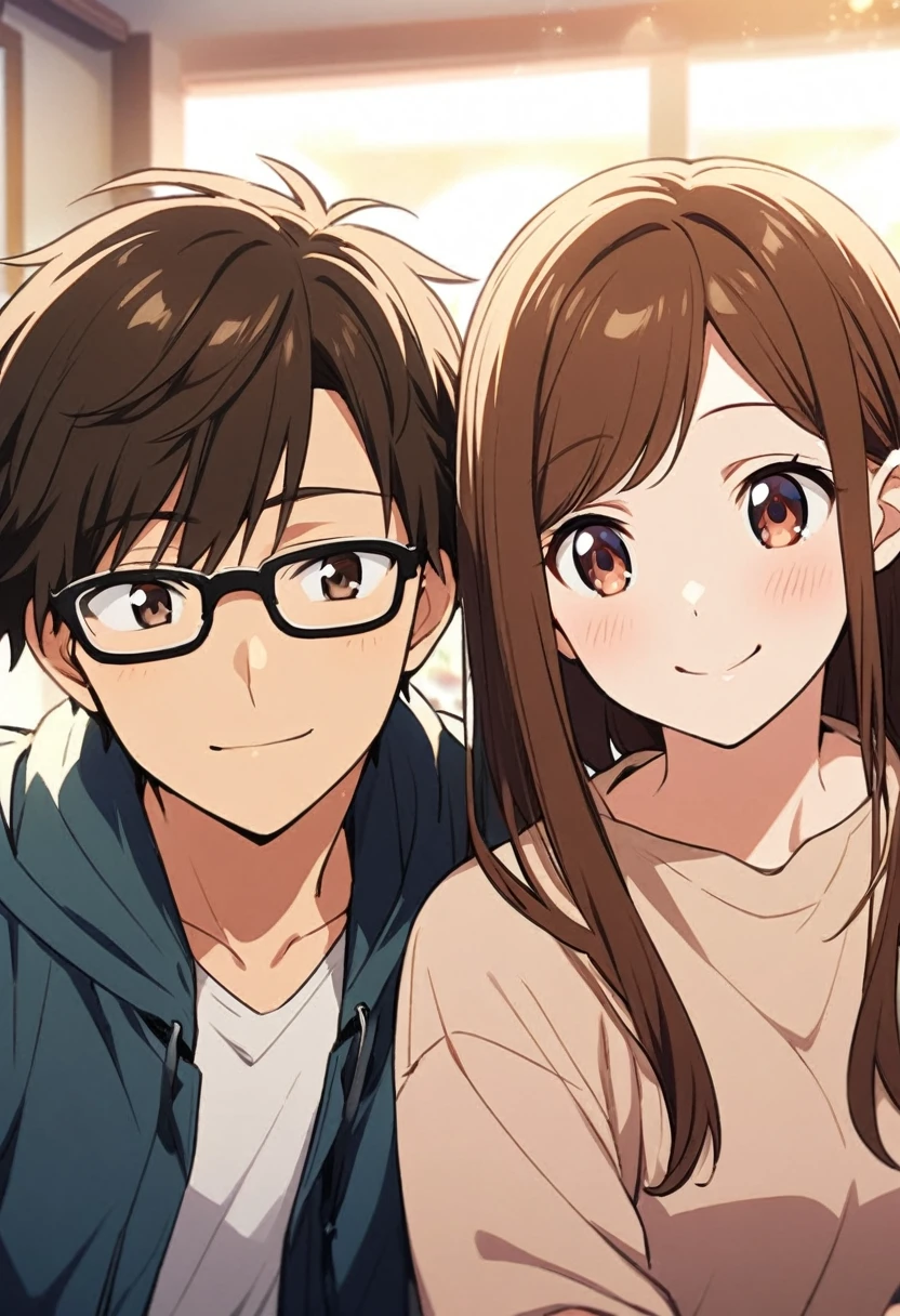 anime, two people, one beautiful female with long brown hair and no glasses, the other person is a male with short dark brown hair and black rimmed glasses, they are boyfriend and girlfriend, both smiling 