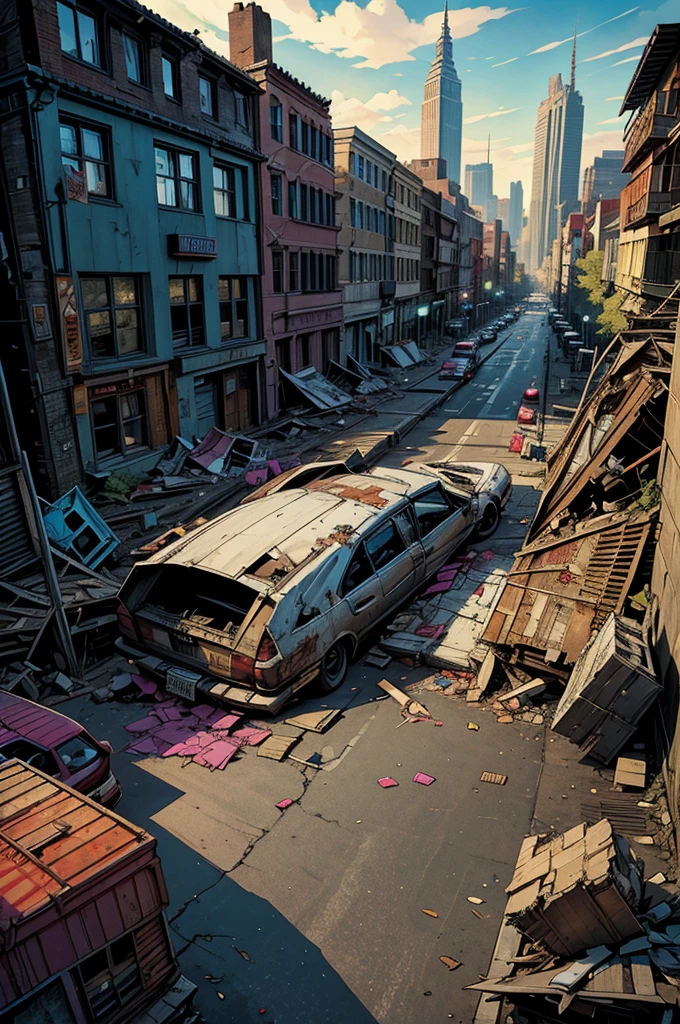 Scenario, best qualityer, destroyed city, fallen buildings, comic book image style, Marvel comics, street with debris and buildings, lampposts, overturned and dented cars