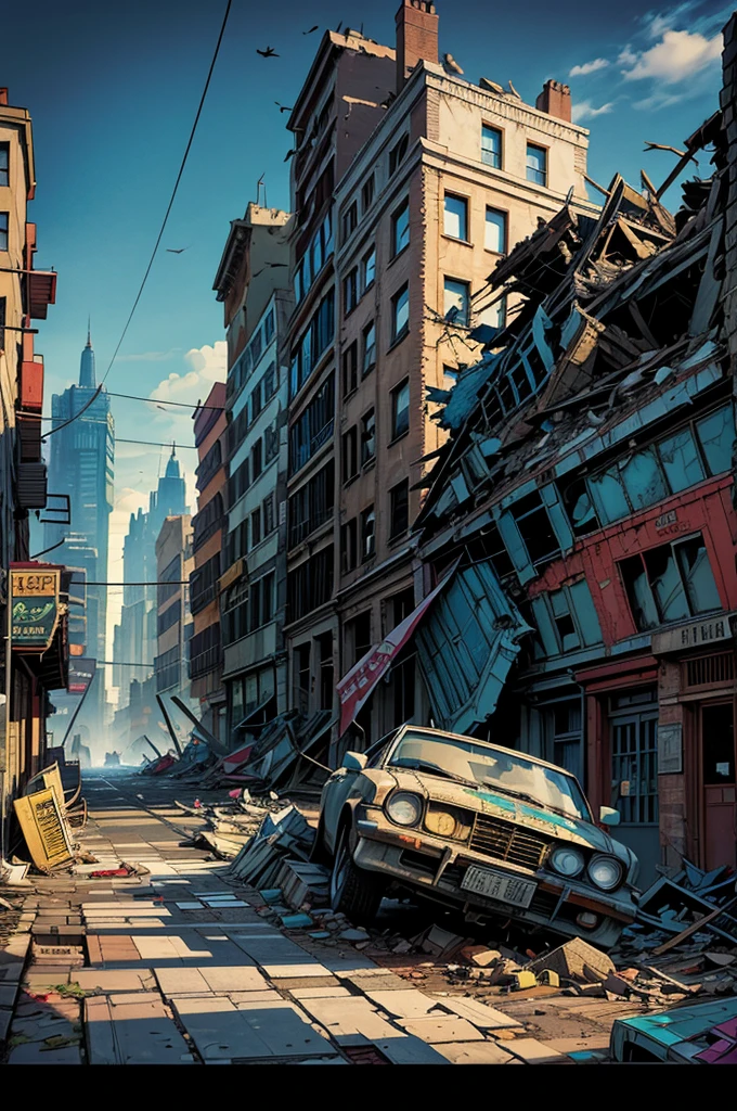 Scenario, best qualityer, destroyed city, fallen buildings, comic book image style, Marvel comics, street with debris and buildings, lampposts, overturned and dented cars