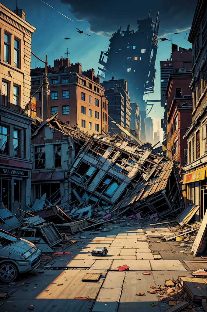 Scenario, best qualityer, destroyed city, fallen buildings, comic book ...