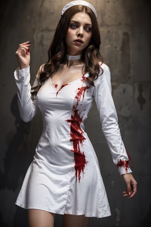 Women's Halloween with Blood Cosplay Costume Nurse Horror Zombie Dress Up Slim Long Sleeve Short Dress Girl Lady Slinky Dresses. Colour costume white. (masterpiece), best quality, expressive eyes, perfect face