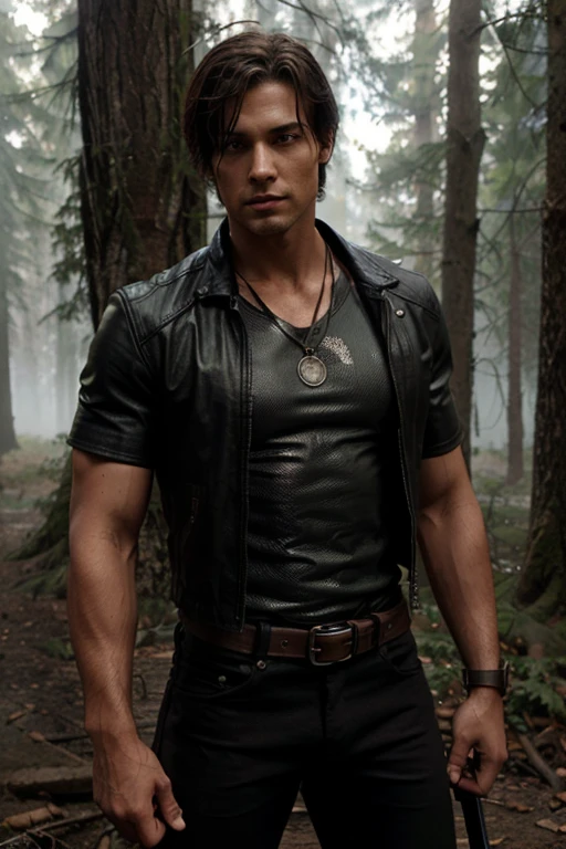 Leon Scott Kennedy, Teen Wolf, military, 30 years old, short black hair, slim and muscular build, brown eyes, brown open leather jacket, black short-sleeved shirt with sword print, black hunter belt, black jeans, boots black combat, sword necklace, forest background with fog