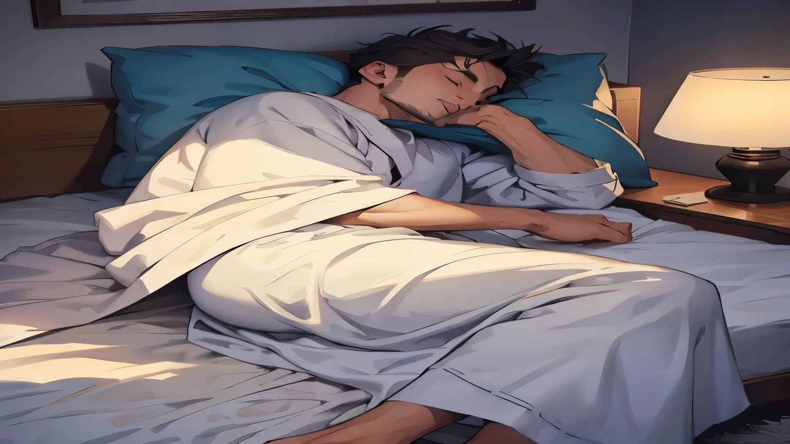 guy sleeping on a big bed, covered in a blanket